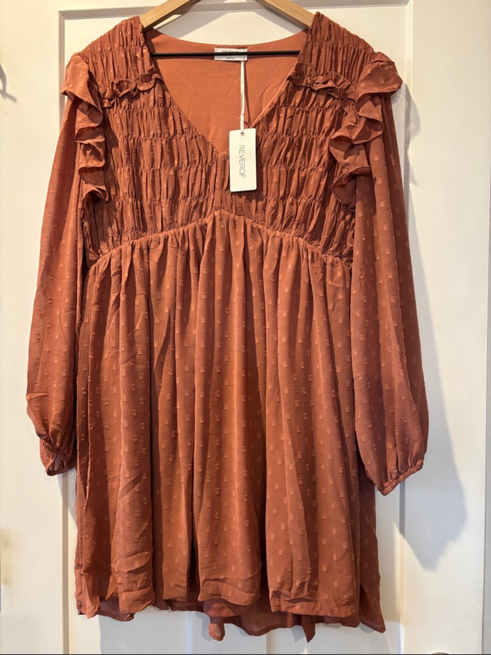 NWT Reverof Women’s Smocked V-Neck Ruffle Long-Sleeve Dress L Boho Western